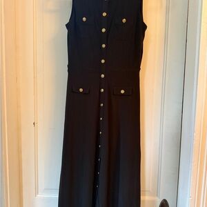 Elegant Black Sleeveless White House Black Market Dress with Gold Buttons